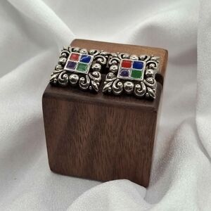 Vintage Intricate Square Colorblock Enamel Silver Toned Earrings